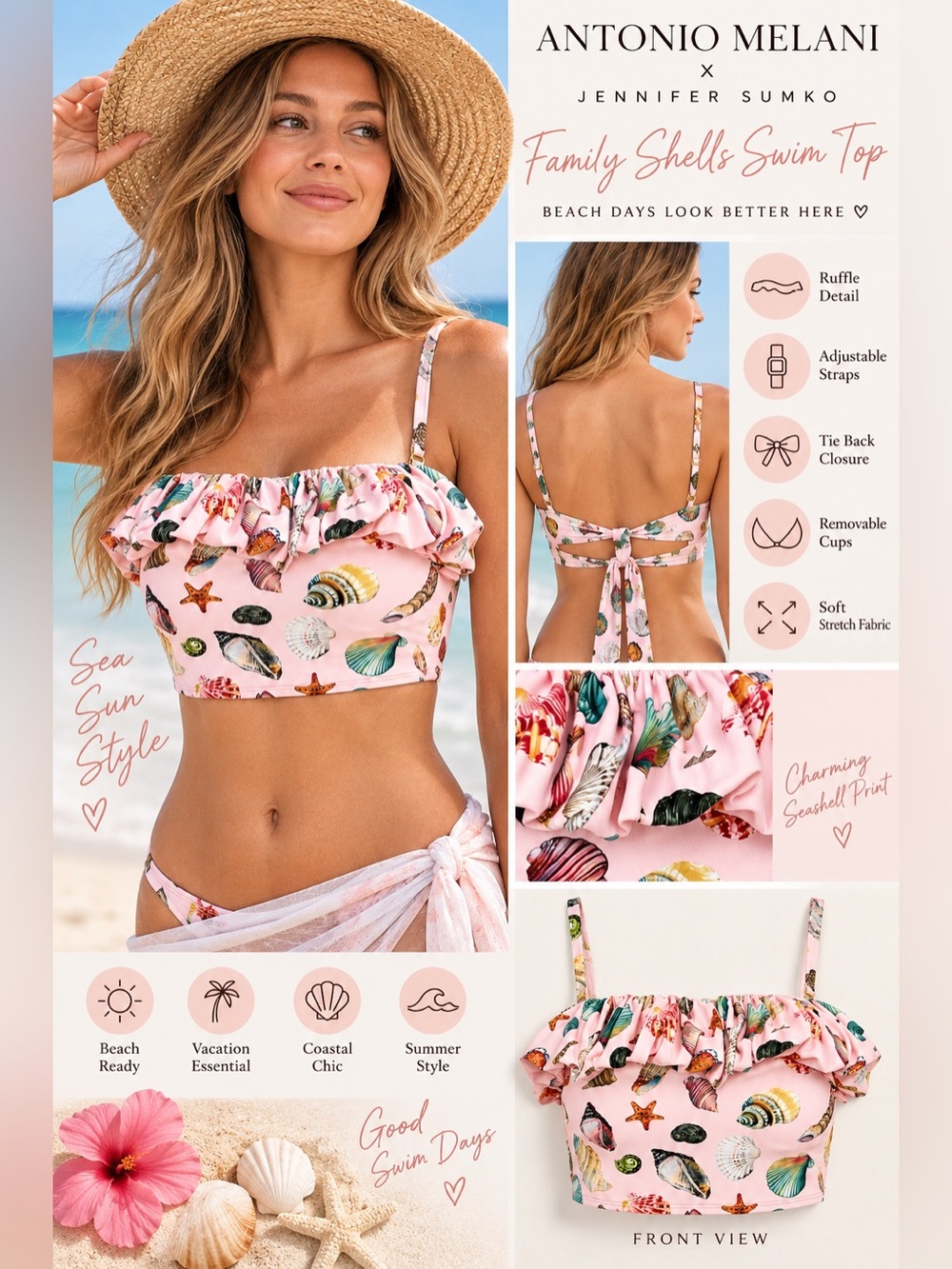 Antonio Melani x Jennifer Sumko Family Shells Swim Top Pink XS